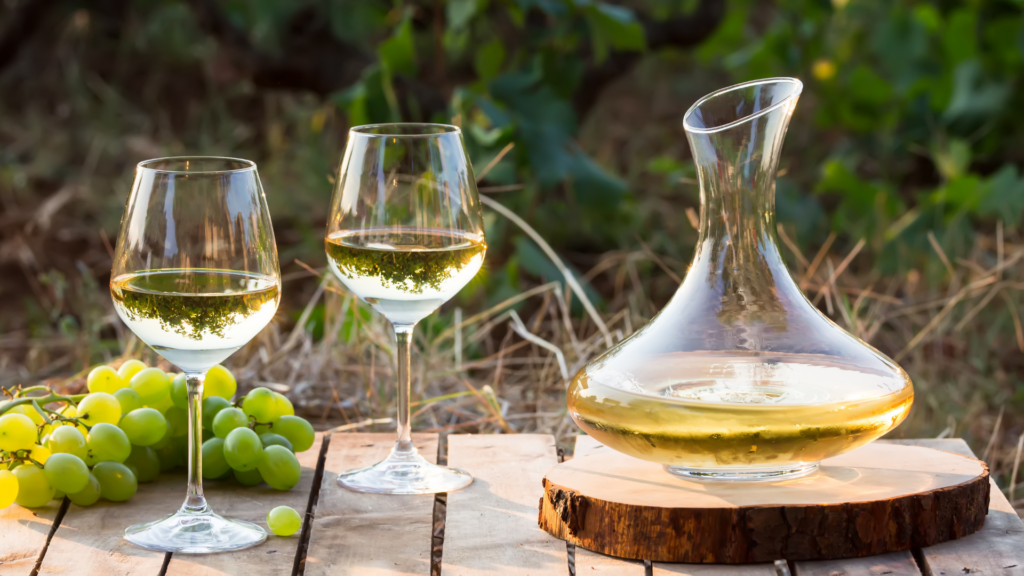 deux verres de vin blanc avec une carafe